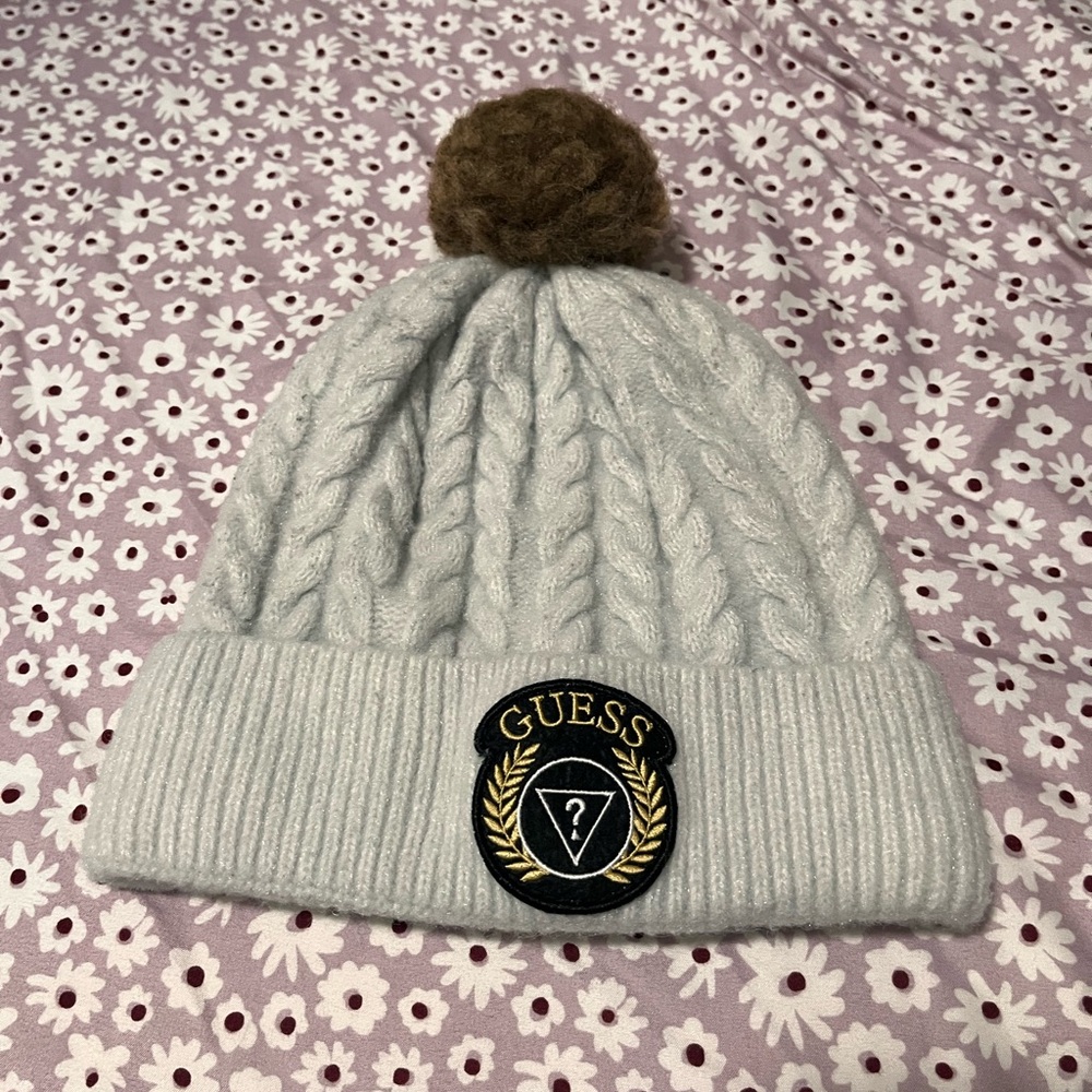 Guess Light Gray Cable Knit Beanie with Brown Pom